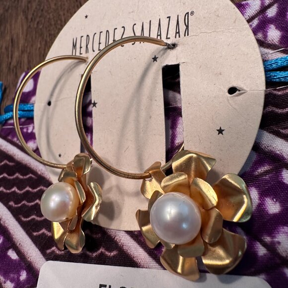 Mercedes Salazar Flower and Pearl Gold Hoop Earrings - Picture 4 of 5
